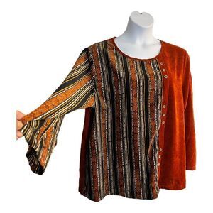 Gracila Corduroy Orange Striped Tunic Long Sleeve Shirt Boho Women Plus Size 5XL